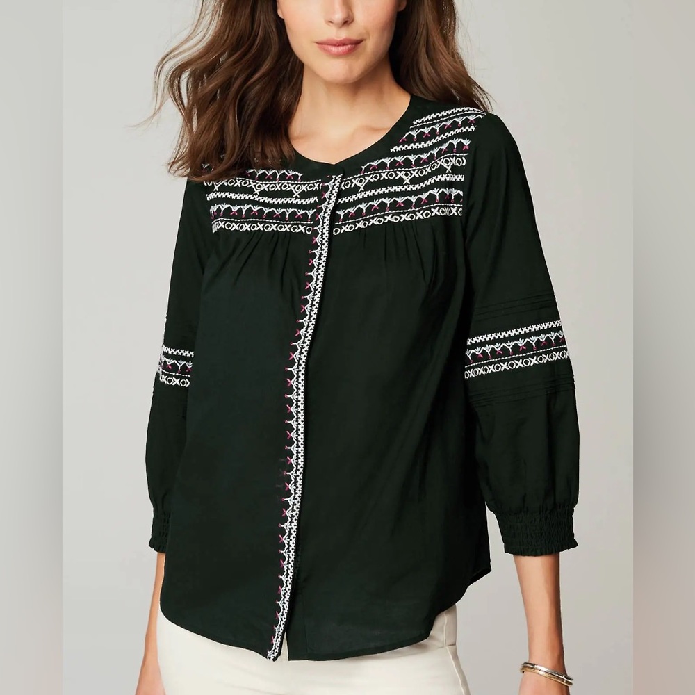 J Jill Women’s Embroidered Detail Black Top smocked sleeves Medium